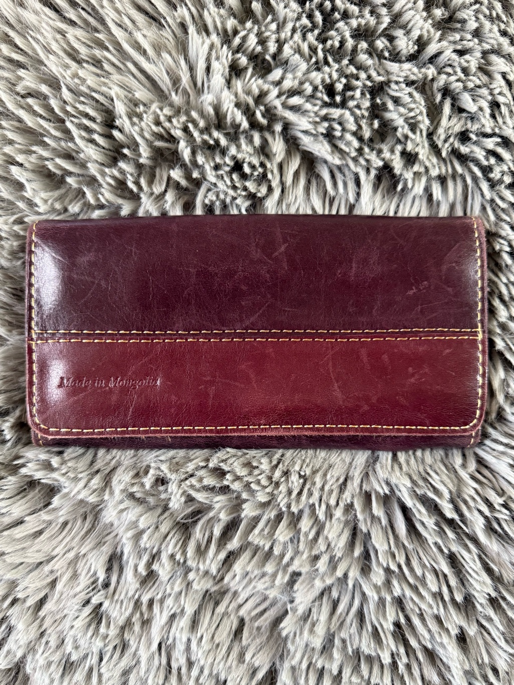 Vintage Handmade Mongolian Leather Wallet Burgundy Long Bifold Checkbook Wallet